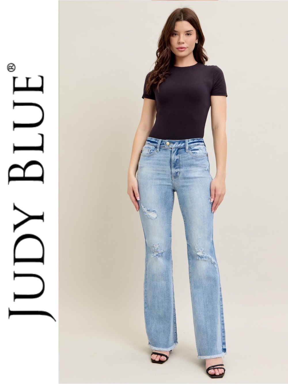 JUDY BLUE | High Waist Distressed Flare Jeans w/Raw Hem - Style #82650